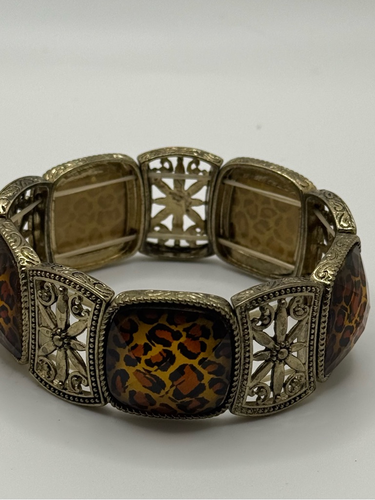 Vintage Stretch Bracelet Gold Tone Leopard Print Panels Filigree Wide Mob Wife